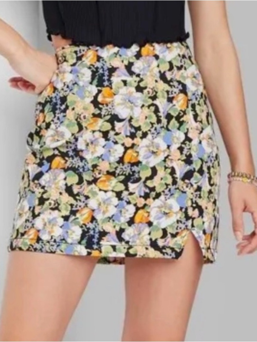 wild fable Black Floral Mini Skirt with Front Slit Size 8